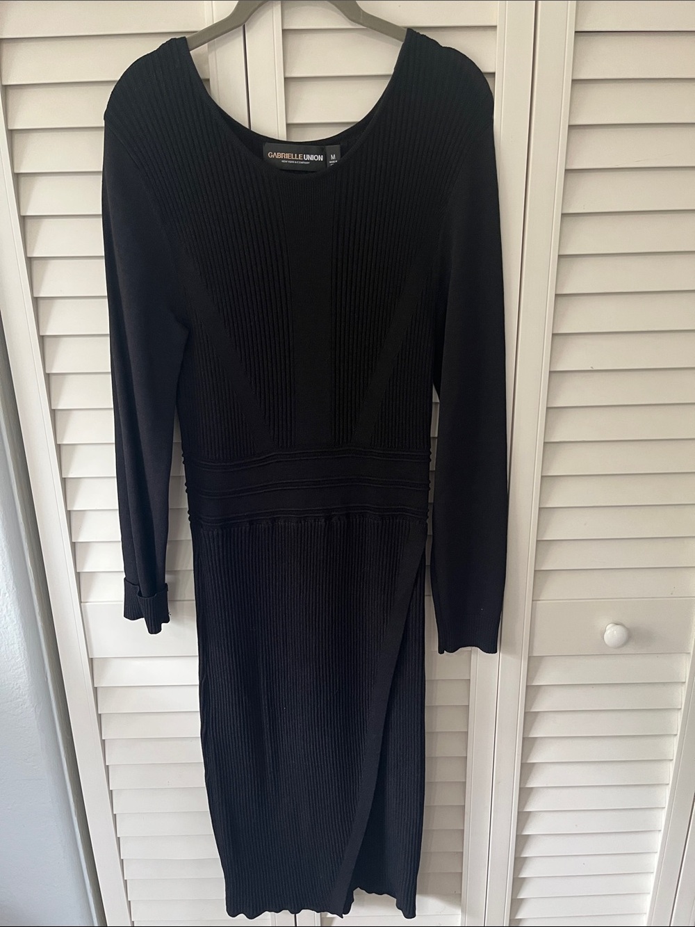 New York & Company Black Ribbed Long-Sleeve Midi Dress